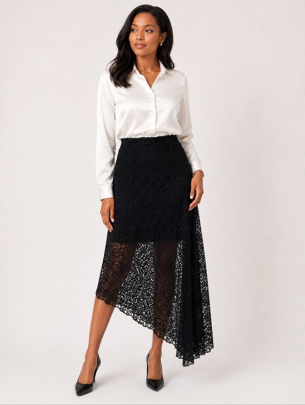 Sienna Starr Black Lace Asymmetric Women’s Skirt w/ Soild Black Underpanel-SZ: L